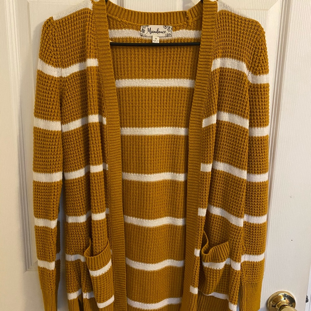 mustard sweater with white stripes